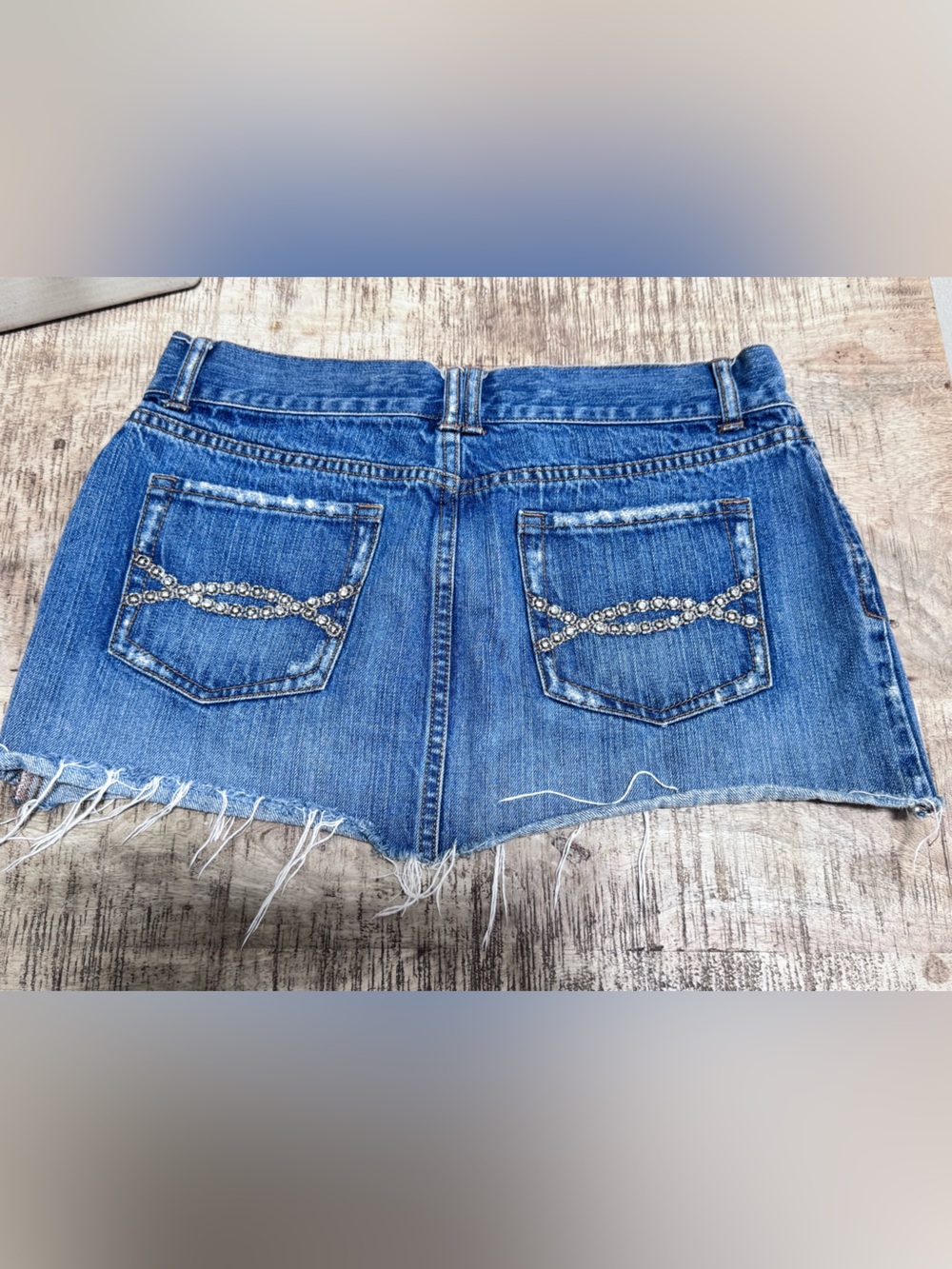 Abercrombie & Fitch Distressed Blue Denim Mini Skirt with Rhinestone Pocket Trim
